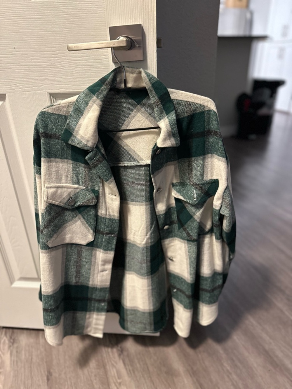 Green and Cream Plaid Button-Up Shacket